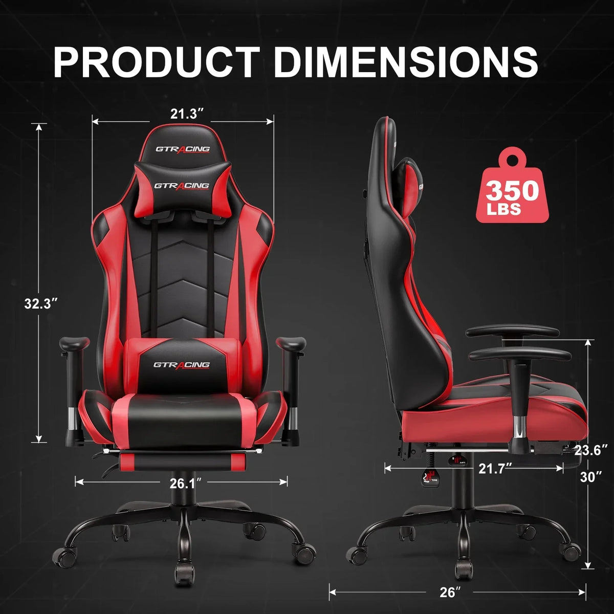 Nouveauté 2026 – Chaise de jeu GTRACING , chaise de bureau ergonomique avec soutien lombaire, revêtement en cuir PU, repose-pieds et appui-tête réglable, rouge