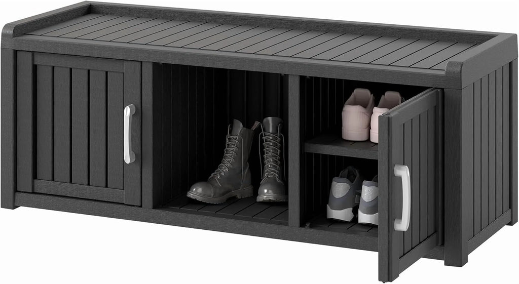 Nouveauté 2026 – Meuble de rangement à chaussures d'extérieur KAMABOKO , banc de rangement étanche et résistant aux UV pour entrée, intérieur et extérieur, avec 2 portes coulissantes de style grange et étagères réglables pour entrée, chambre, couloir
