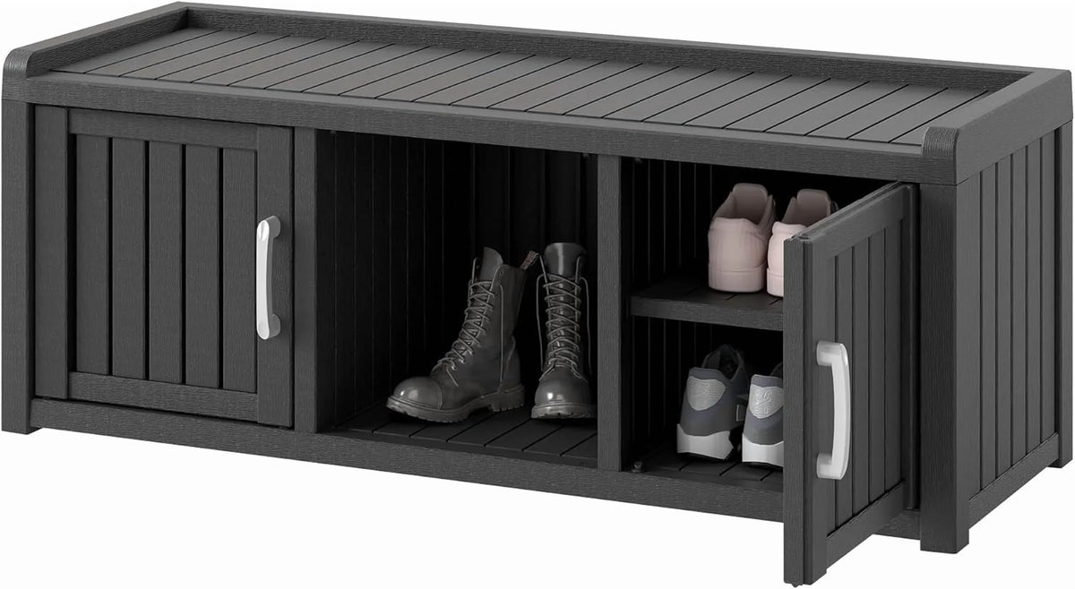 Nouveauté 2026 – Meuble de rangement à chaussures d'extérieur KAMABOKO , banc de rangement étanche et résistant aux UV pour entrée, intérieur et extérieur, avec 2 portes coulissantes de style grange et étagères réglables pour entrée, chambre, couloir
