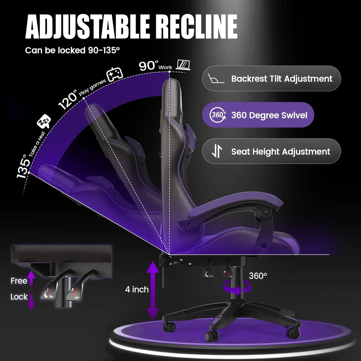 Nouveauté 2026 – Chaise de jeu Bigzzia , chaise de bureau ergonomique avec appui-tête et soutien lombaire réglables en hauteur, pour adultes et adolescents, noir et blanc