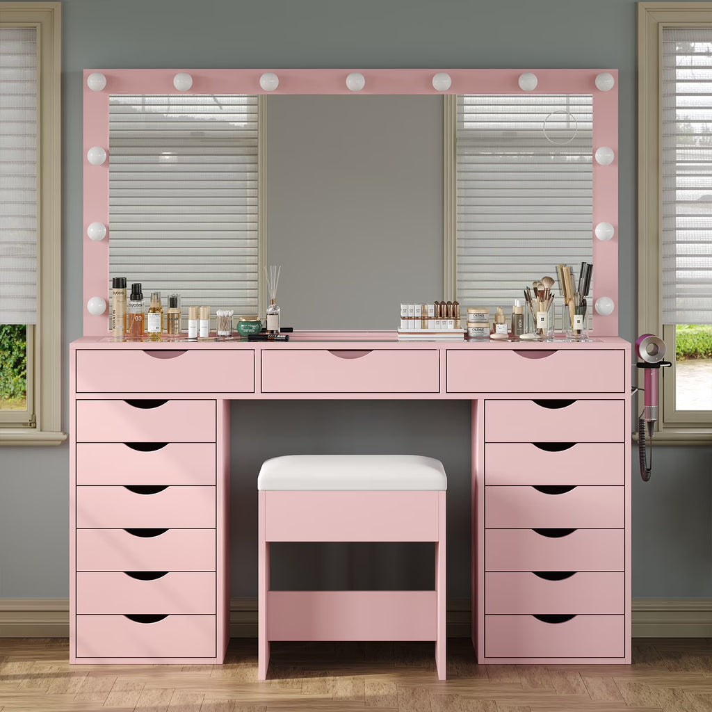 Nouveauté 2026 – Coiffeuse Yanosaku à 15 tiroirs avec prise électrique, miroir et 13 lumières LED, 3 modes d'éclairage de couleur, luminosité réglable, plateau en verre, ensemble coiffeuse pour chambre à coucher