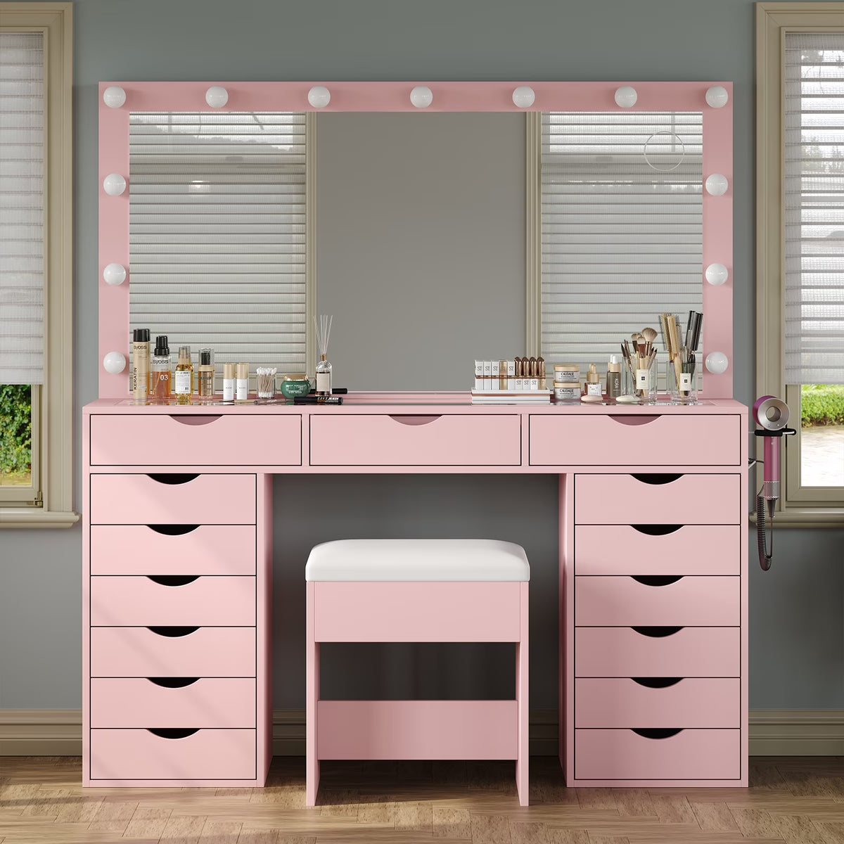 Nouveauté 2026 – Coiffeuse Yanosaku à 15 tiroirs avec prise électrique, miroir et 13 lumières LED, 3 modes d'éclairage de couleur, luminosité réglable, plateau en verre, ensemble coiffeuse pour chambre à coucher