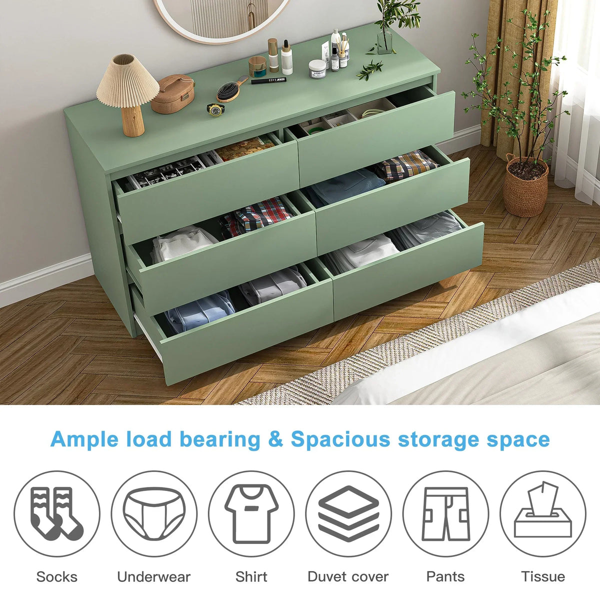 Nouveauté 2026 – Commode Resenkos moderne style milieu du siècle, 6 tiroirs, large, pour chambre à coucher, grise