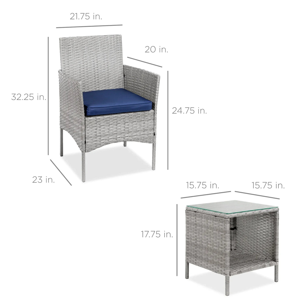 Nouveauté 2026 – Ensemble bistro de jardin 3 pièces en résine tressée Best Choice Products , avec 2 chaises et une table - Gris/Bleu marine