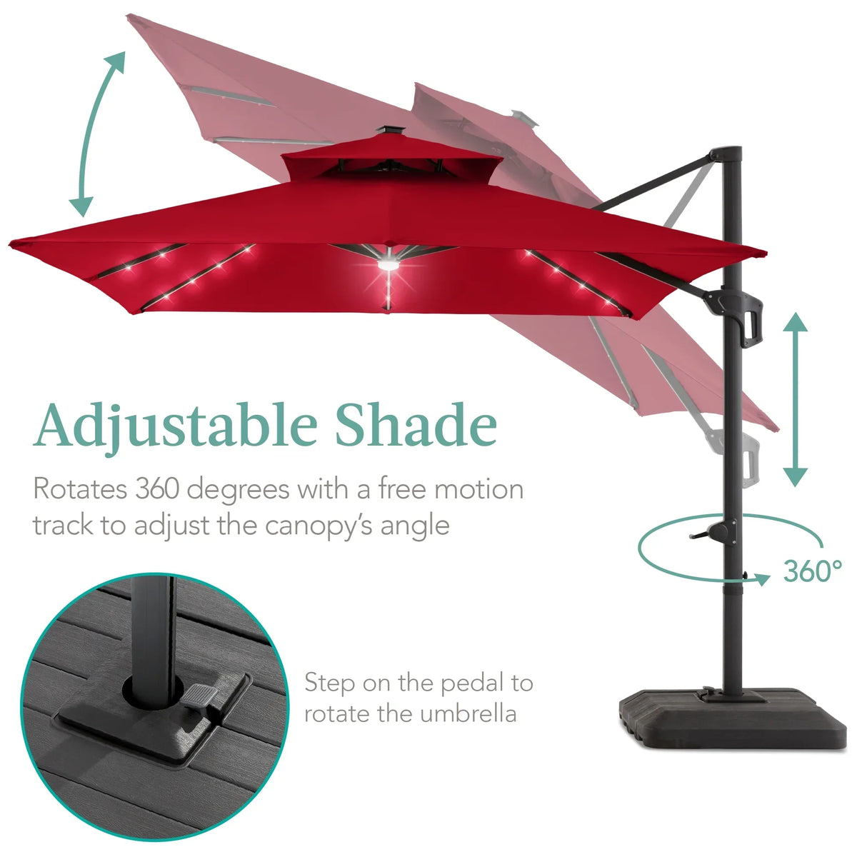 Nouveauté 2026 – Parasol de terrasse carré déporté à deux niveaux, 3 x 3 m, à éclairage solaire LED, avec base incluse (Best Choice Products, ) - Beige
