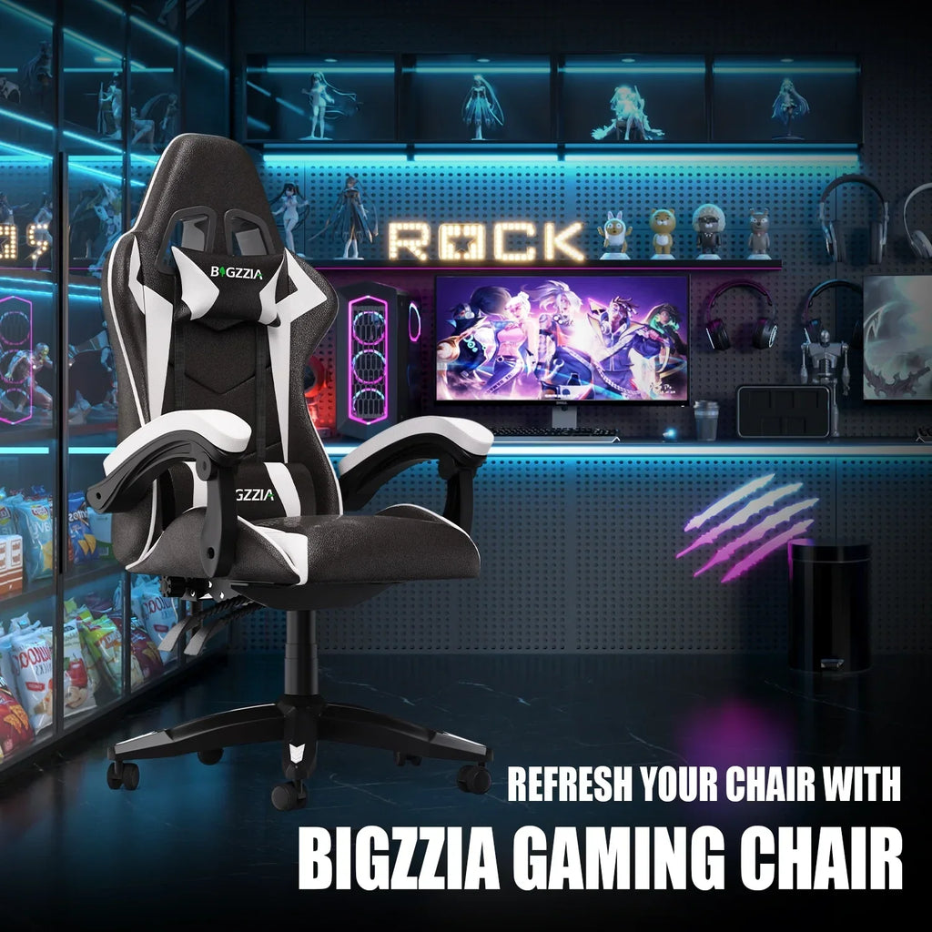 Nouveauté 2026 – Chaise de jeu Bigzzia , chaise de bureau ergonomique avec appui-tête et soutien lombaire réglables en hauteur, pour adultes et adolescents, noir et blanc