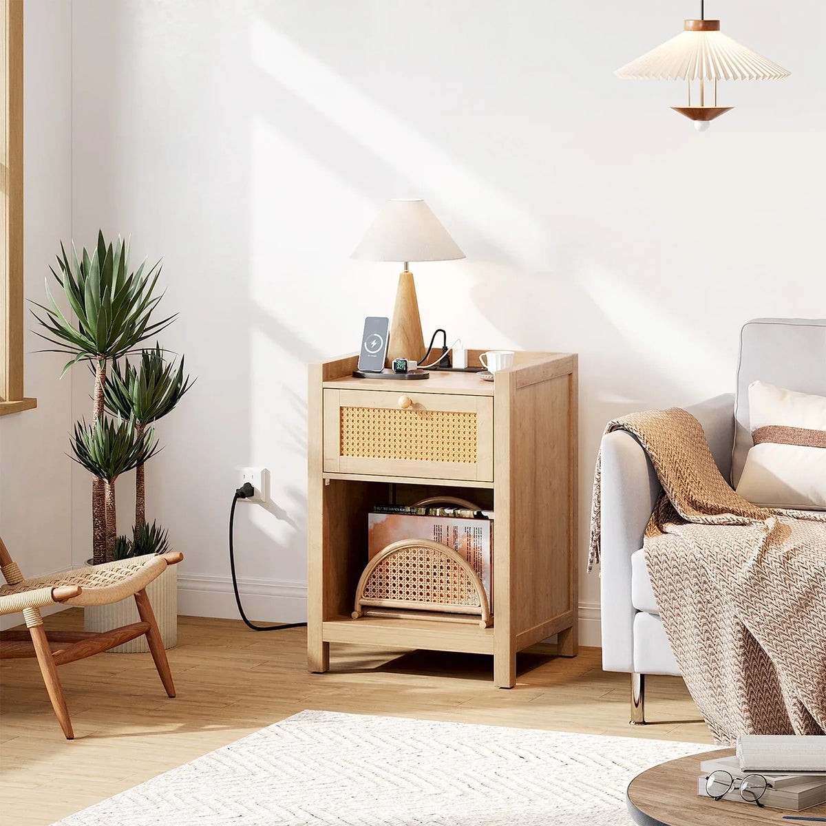 Nouveauté 2026 – Ensemble de 2 tables de chevet LGHM avec station de charge, style campagnard, avec tiroir, style bohème, pour chambre ou salon, en chêne