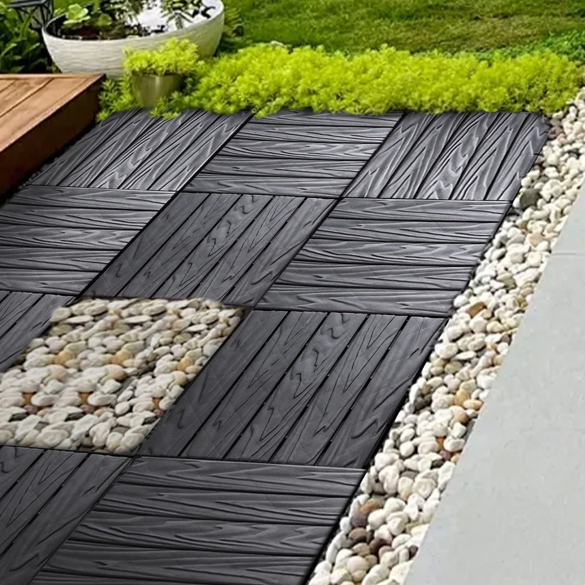 Nouveauté 2026 – Dalles de terrasse emboîtables en plastique (paquet de 76) - 6,4 m² (68,80 pi²) - Revêtement de sol extérieur en plastique ultra-résistant et imperméable - Usage intérieur/extérieur par tous les temps