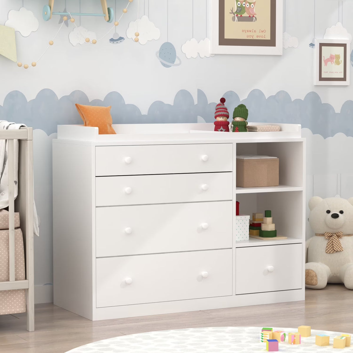 Nouveauté 2026 – Table à langer/commode pour chambre de bébé OXYLIFE , 114 cm (45 po), avec 4 tiroirs et une étagère, blanche