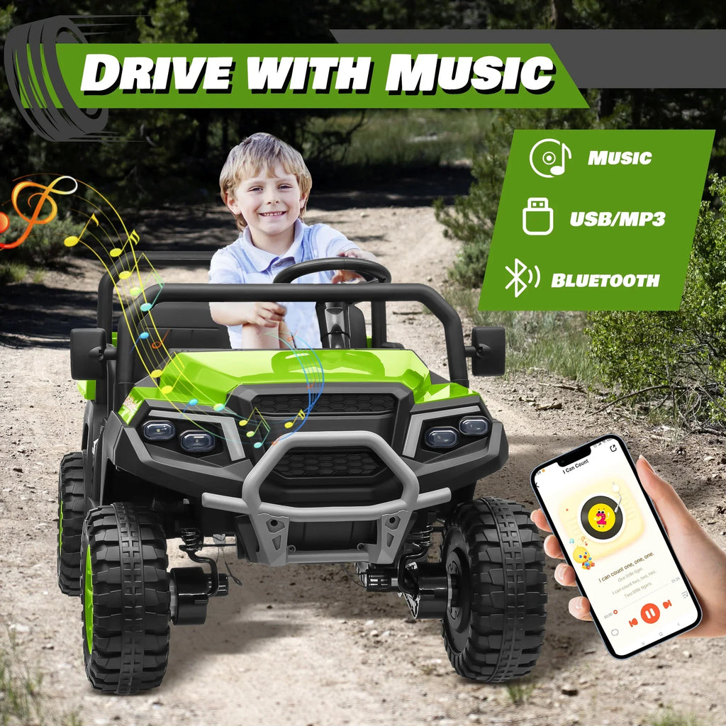 Nouveauté 2026 – Joyracer , véhicule tout-terrain électrique (UTV) 24 volts pour enfants, 2 places, avec télécommande. Voiturette de golf électrique avec 4 moteurs de 200 W, remorque inclinable et pelle, suspension à ressorts sur les 4 roues, musique