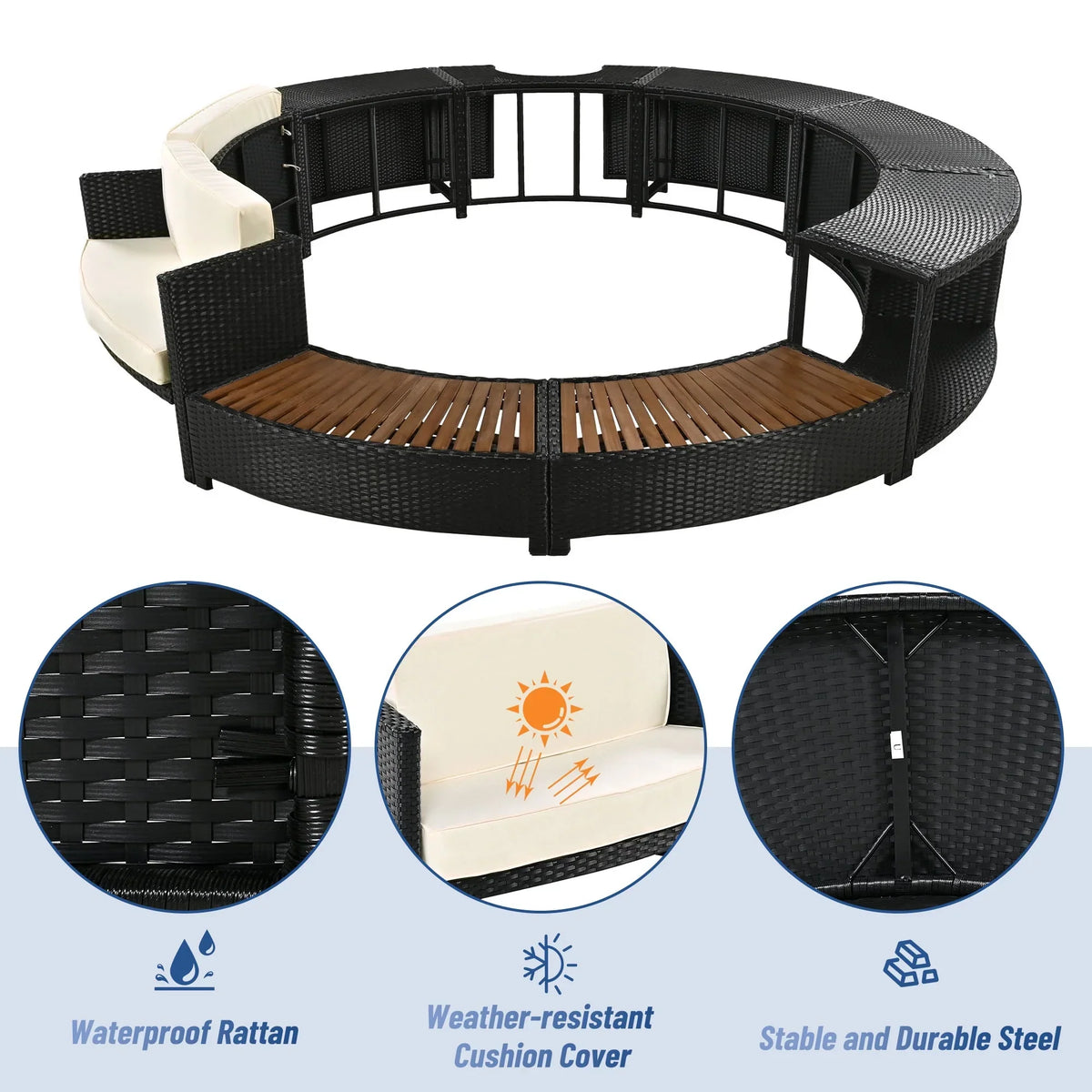 Nouveauté 2026 – Ensemble de mobilier de jardin Round pour spa , canapé d'angle en rotin avec mini-canapé, rangement pour spa en bois d'acacia massif, coussins gris