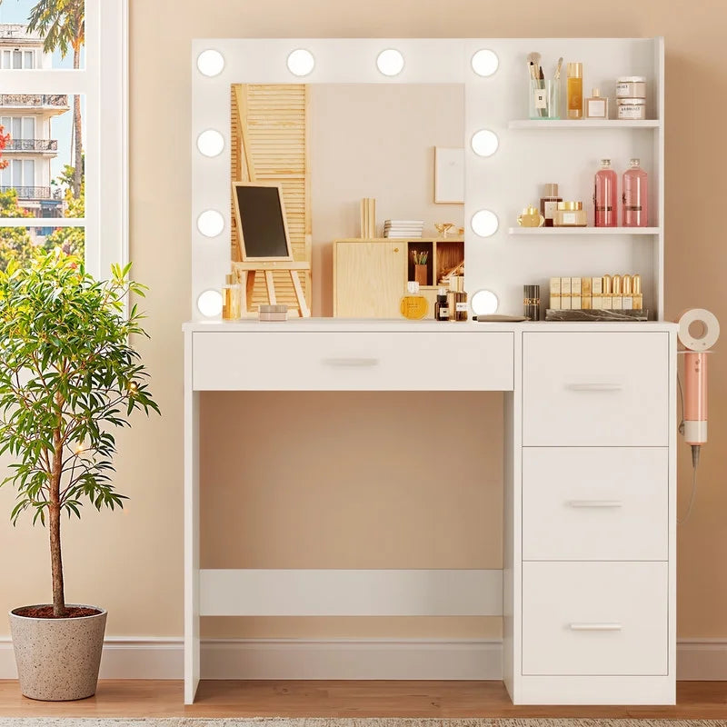 Nouveauté 2026 – Coiffeuse Lacoo avec miroir et éclairage LED, meuble de maquillage avec 7 tiroirs et 4 étagères, table de toilette avec prise électrique pour chambre ou dressing, blanche