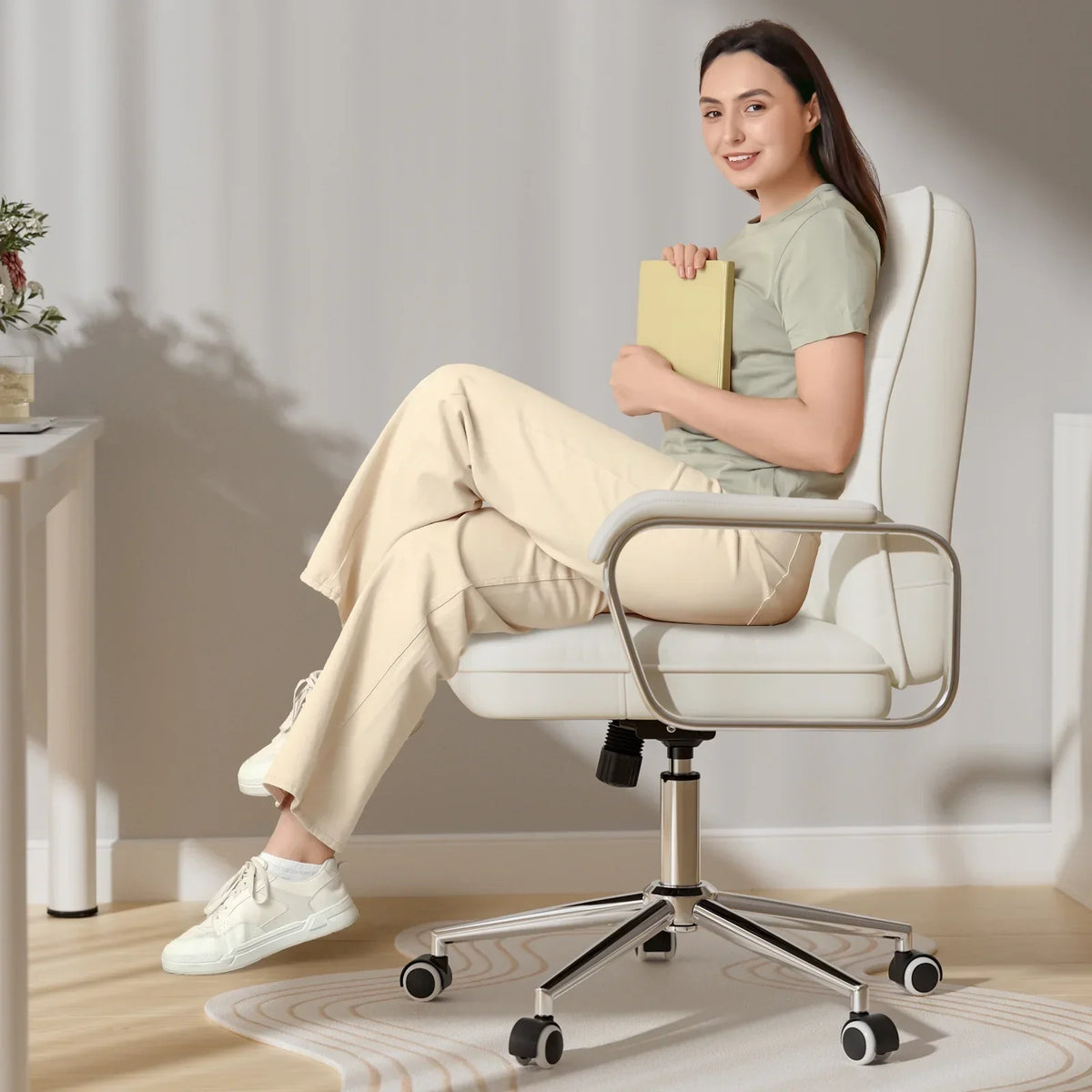 Nouveauté 2026 – Fauteuil de bureau Solfway blanc , fauteuil de bureau pivotant en cuir avec roulettes et accoudoirs rembourrés, fauteuil de direction pour adultes