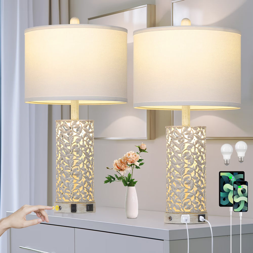 Nouveauté 2026 – Ensemble de 2 lampes de table Cinkeda pour salon et chambre à coucher, avec ports USB, prise secteur, intensité réglable à 3 niveaux, veilleuse tactile, style champêtre, motif floral blanc, lampes de chevet