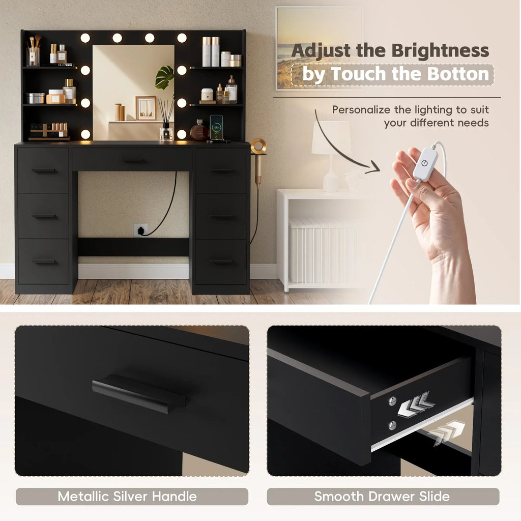 Nouveauté 2026 – Coiffeuse Lacoo avec miroir et éclairage LED, meuble de maquillage avec 7 tiroirs et 4 étagères, table de toilette avec prise électrique pour chambre ou dressing, blanche