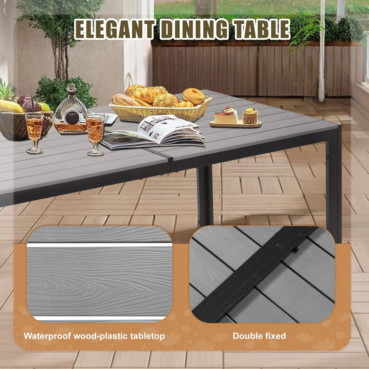 Nouveauté 2026 – Ensemble de salle à manger d'extérieur 7 pièces , comprenant une table et des chaises pour 6 personnes, un plateau en plastique imitation bois et un mobilier de jardin en textilène. Idéal pour terrasse ou patio