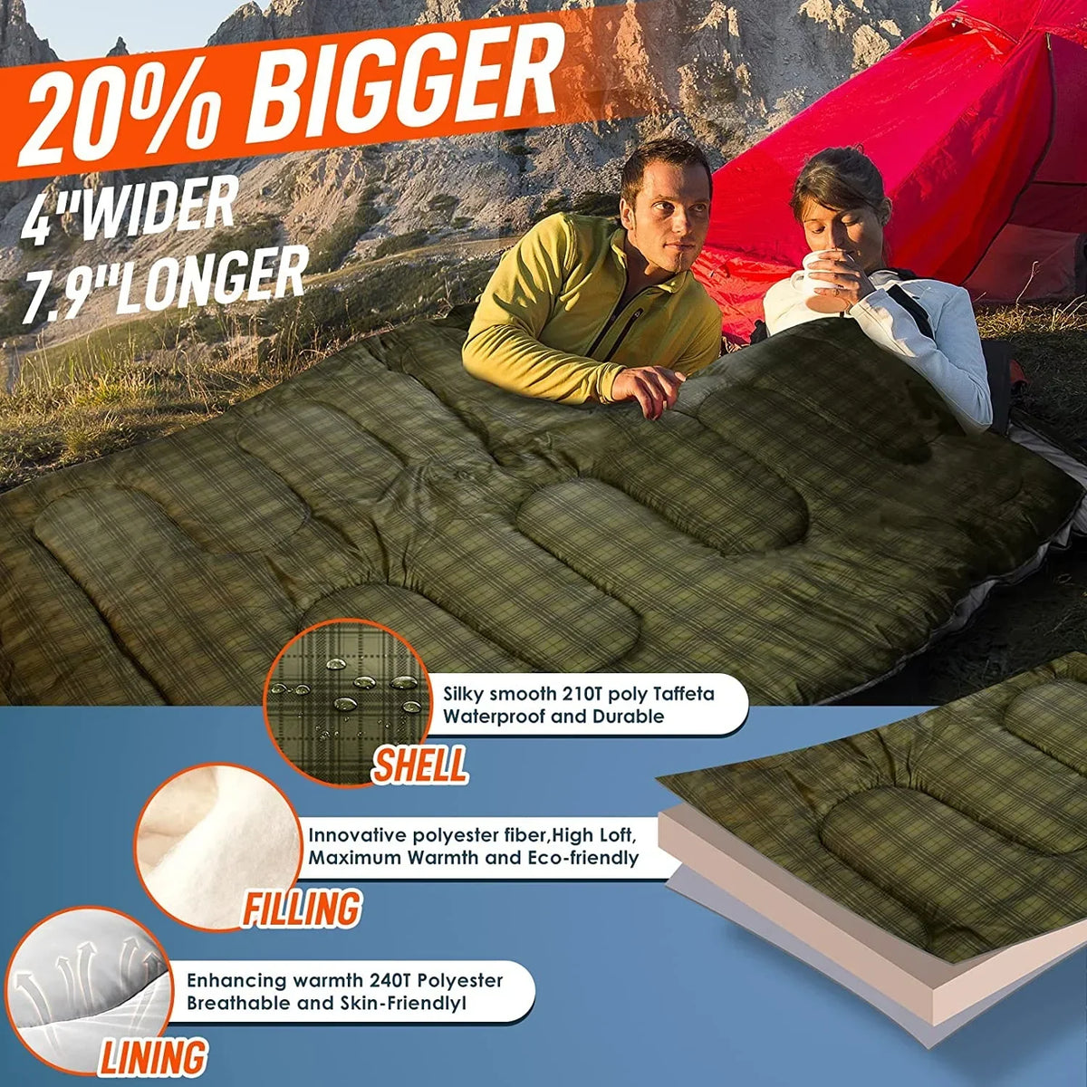 Nouveauté 2026 – Sac de couchage double pour adultes (hommes) avec oreiller, taille XL/Queen, idéal pour le camping, la randonnée et le trekking toutes saisons, par temps froid et chaud