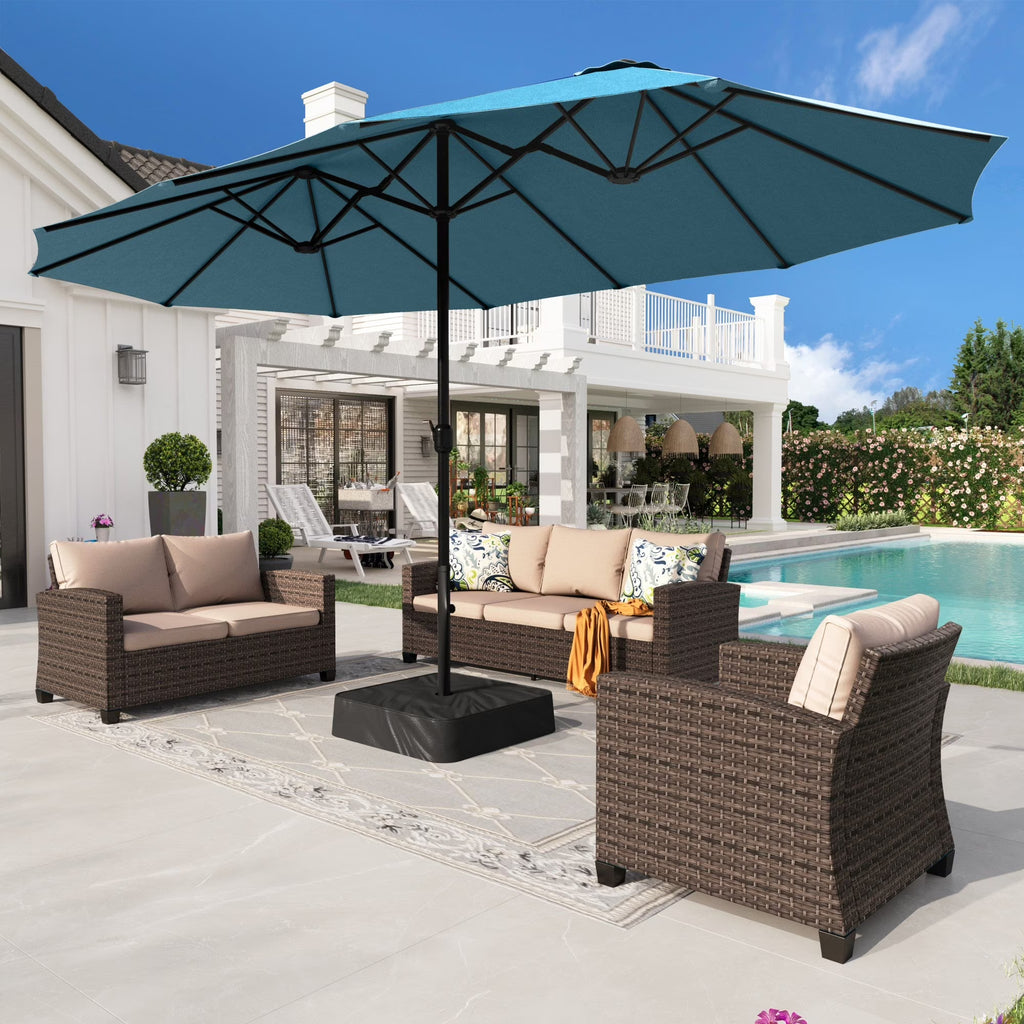 Nouveauté 2026 – Parasol de jardin extra-large Alpha Joy 4,57 m (15 pi) à double face avec manivelle et base - Gris fumé