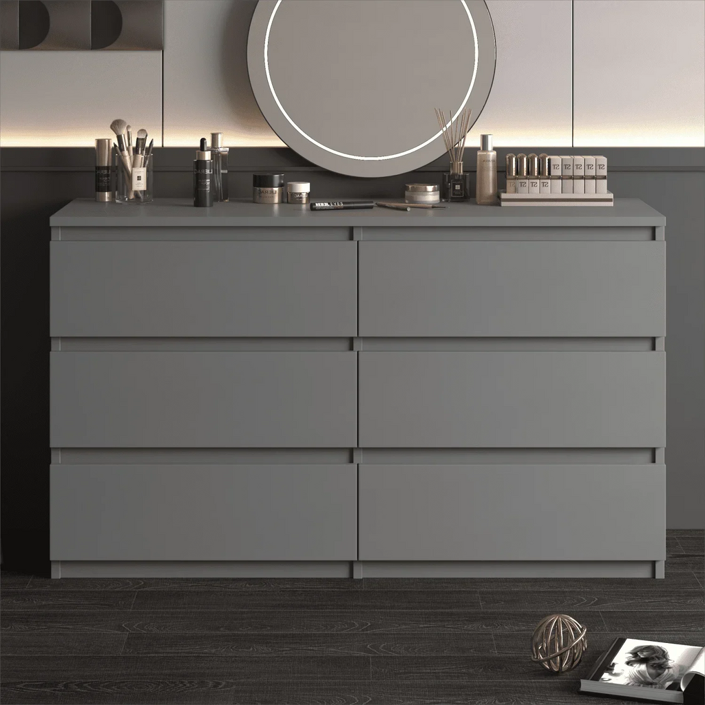 Nouveauté 2026 – Commode Resenkos moderne style milieu du siècle, 6 tiroirs, large, pour chambre à coucher, grise