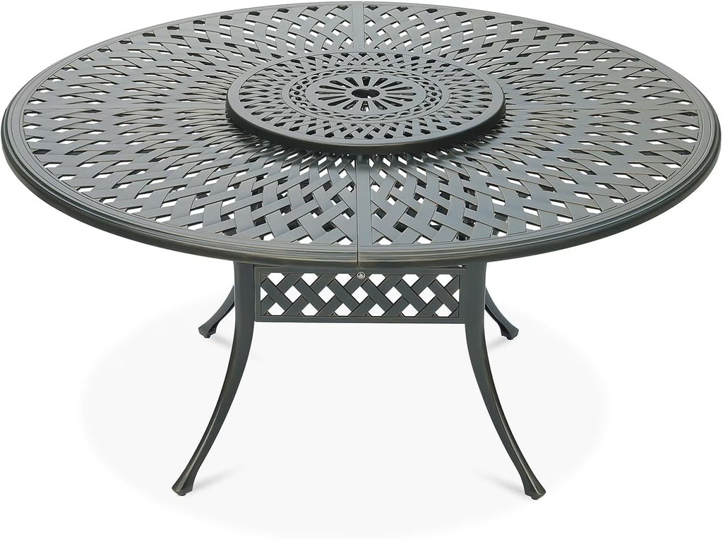 Nouveauté 2026 – Table de salle à manger d'extérieur VIVIJASON , 155 cm (61 po), pour 6 à 8 personnes, grande table ronde avec plateau tournant de 61 cm (24 po), en aluminium moulé bronze foncé au style rustique, avec trou pour parasol, idéale pour b