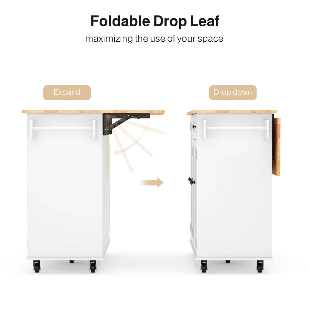 Nouveauté 2026 – Îlot de cuisine mobile Lofka avec rangements, plateau en bois massif, tiroirs, étagère à épices et porte-serviettes - Poste de travail mobile idéal pour les petites cuisines et salles à manger, blanc