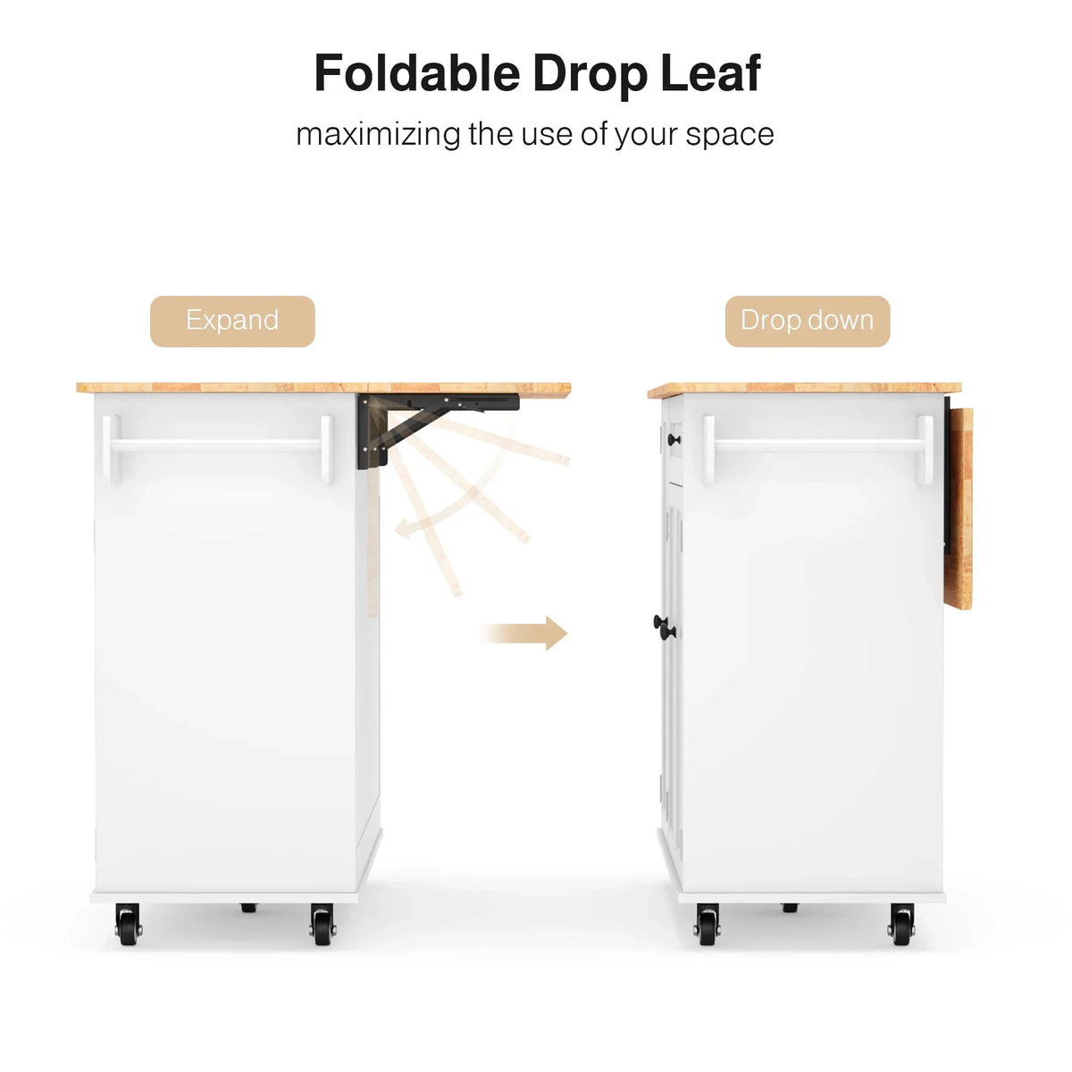 Nouveauté 2026 – Îlot de cuisine mobile Lofka avec rangements, plateau en bois massif, tiroirs, étagère à épices et porte-serviettes - Poste de travail mobile idéal pour les petites cuisines et salles à manger, blanc