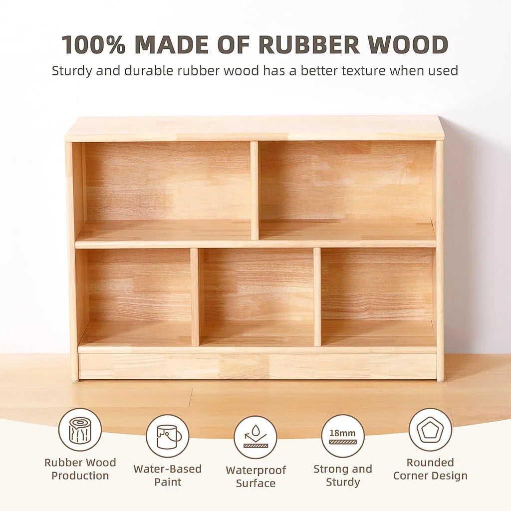 Nouveauté 2026 – Étagère Montessori 5 compartiments en bois d'hévéa Rubber , bibliothèque pour tout-petits de 90 cm de long, armoire de rangement en bois à 2 niveaux, organisateur pour salle de classe, salle de jeux, garderie et école maternelle
