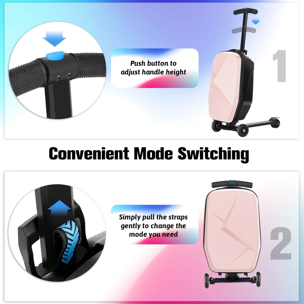 Nouveauté 2026 – Valise-trottinette Advwin pour enfants et adultes, valise rigide à roulettes pour enfants de 4 à 15 ans, multifonctionnelle, légère et pliable, avec roulettes, rose