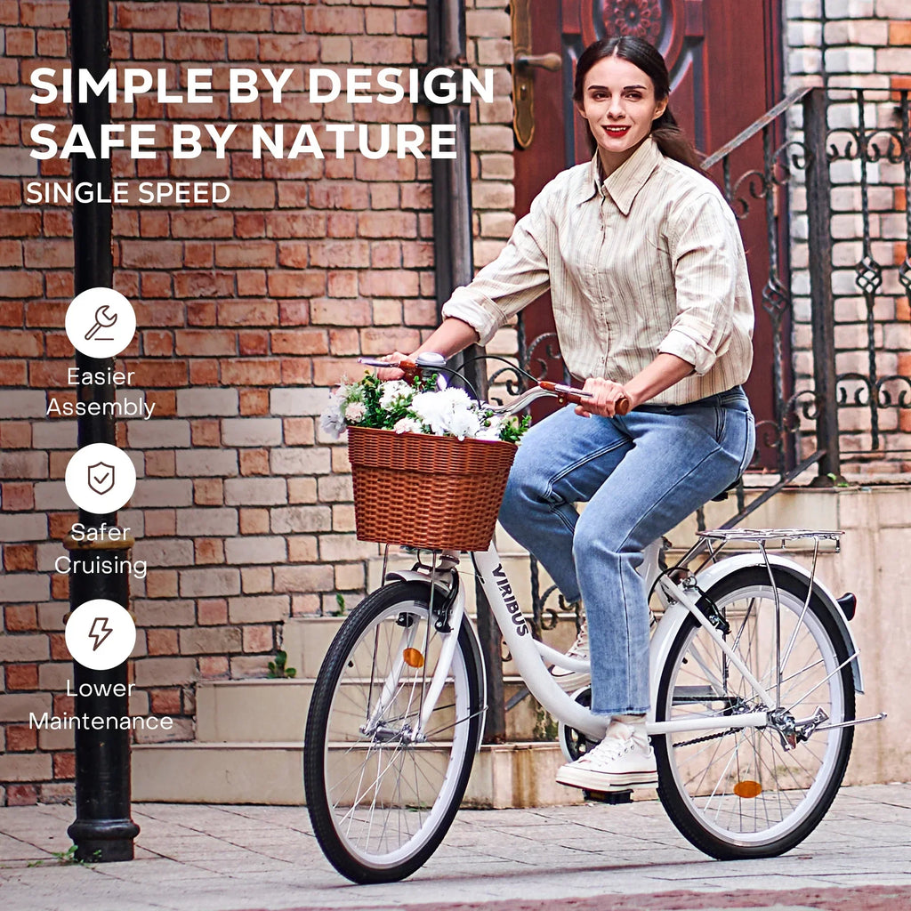 Nouveauté 2026 – Vélo confort femme Viribus , 24 pouces, style cruiser plage et ville, avec panier, blanc