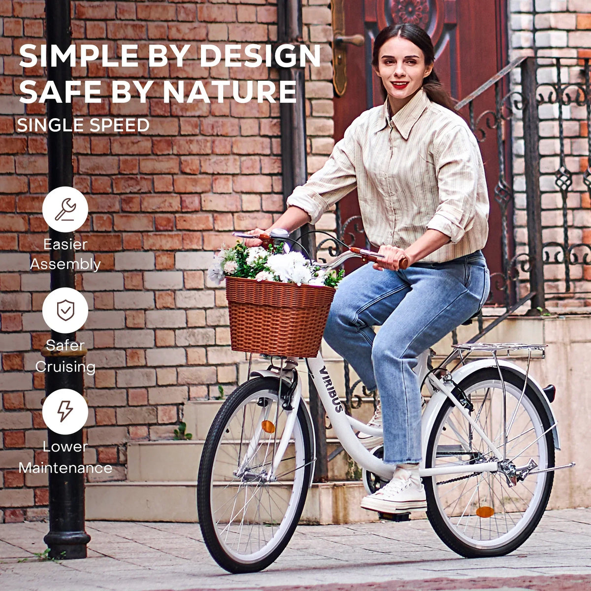 Nouveauté 2026 – Vélo confort femme Viribus , 24 pouces, style cruiser plage et ville, avec panier, blanc
