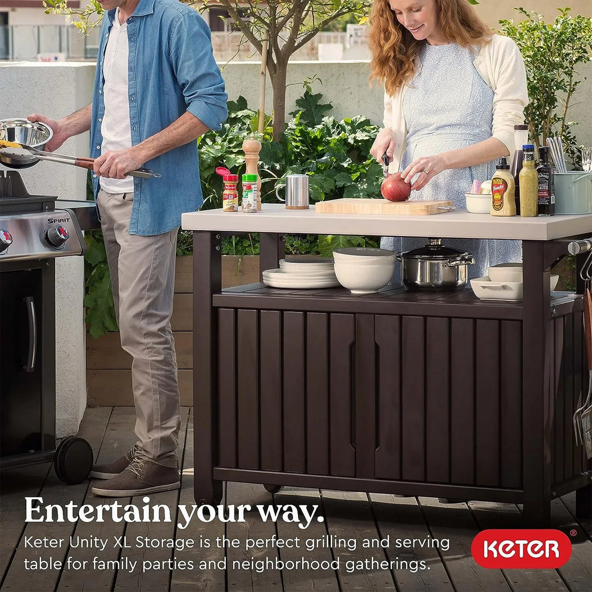 Nouveauté 2026 – Chariot de bar de cuisine extérieure Keter Unity XL avec armoire de rangement, marron