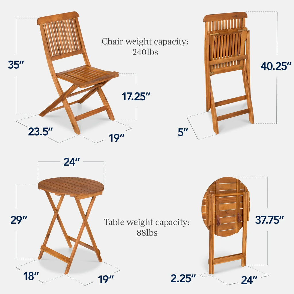 Nouveauté 2026 – Ensemble bistro 3 pièces en bois d'acacia Best Choice Products , mobilier de patio pliant avec 2 chaises et une table - Naturel