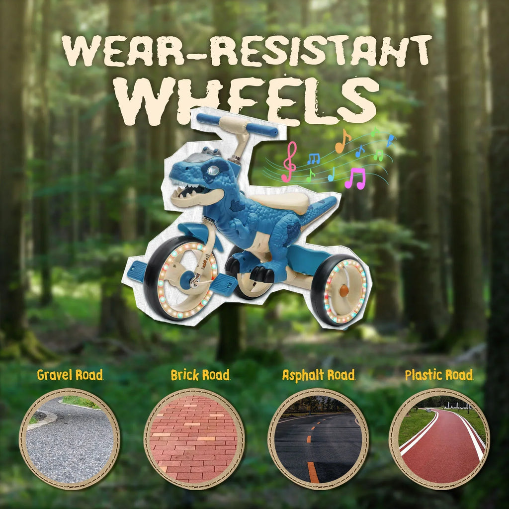 Nouveauté 2026 – Tricycle dinosaure Xuanlur pour enfants , avec larges roues lumineuses, pédales antidérapantes, panier arrière, musique et lumières LED, jouet idéal pour les enfants de 3 à 6 ans (vert