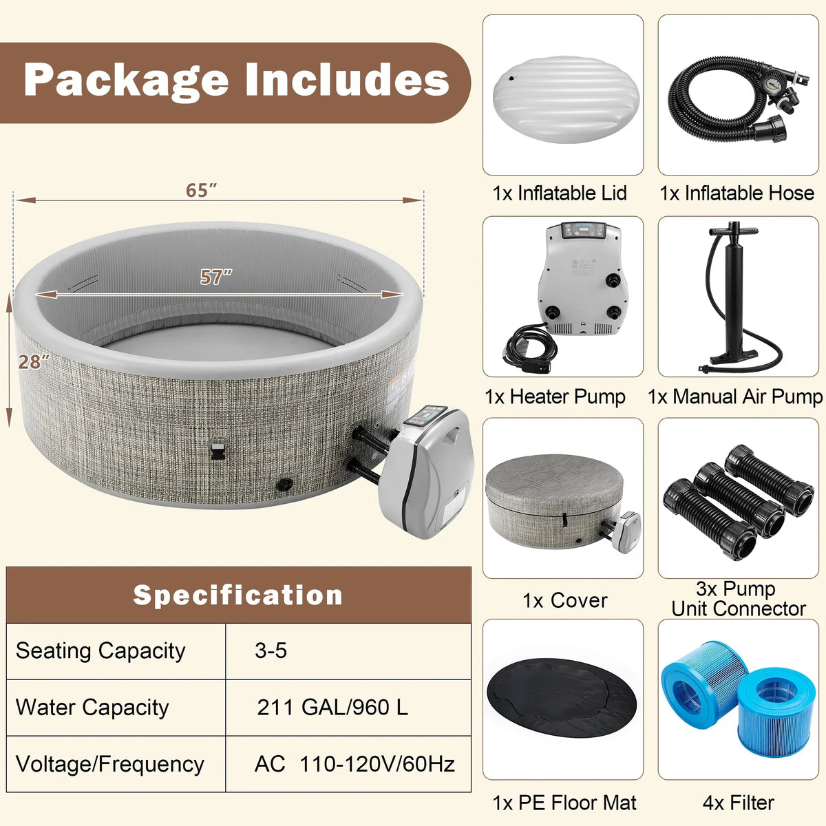 Nouveauté 2026 – Ensemble de mobilier de jardin Round pour spa , canapé d'angle en rotin avec mini-canapé, rangement pour spa en bois d'acacia massif, coussins gris