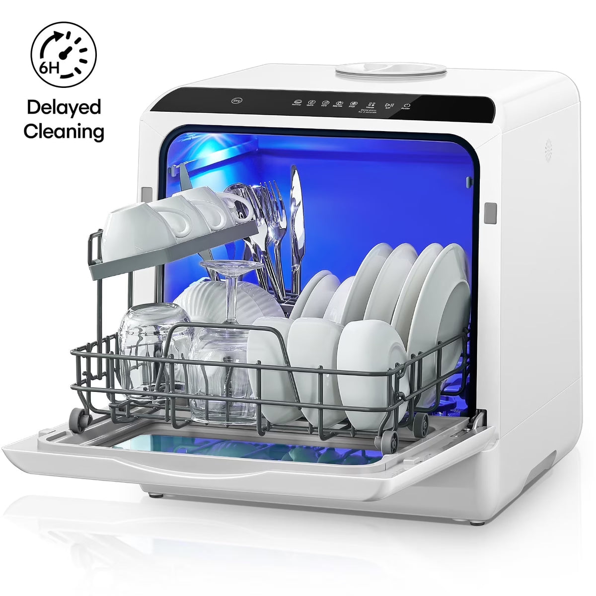 Nouveauté 2026 – Lave-vaisselle de comptoir FOHERE avec départ différé 6 h, lave-vaisselle portable avec réservoir d'eau intégré de 5 L, 6 programmes, double jet à 360°, haute température