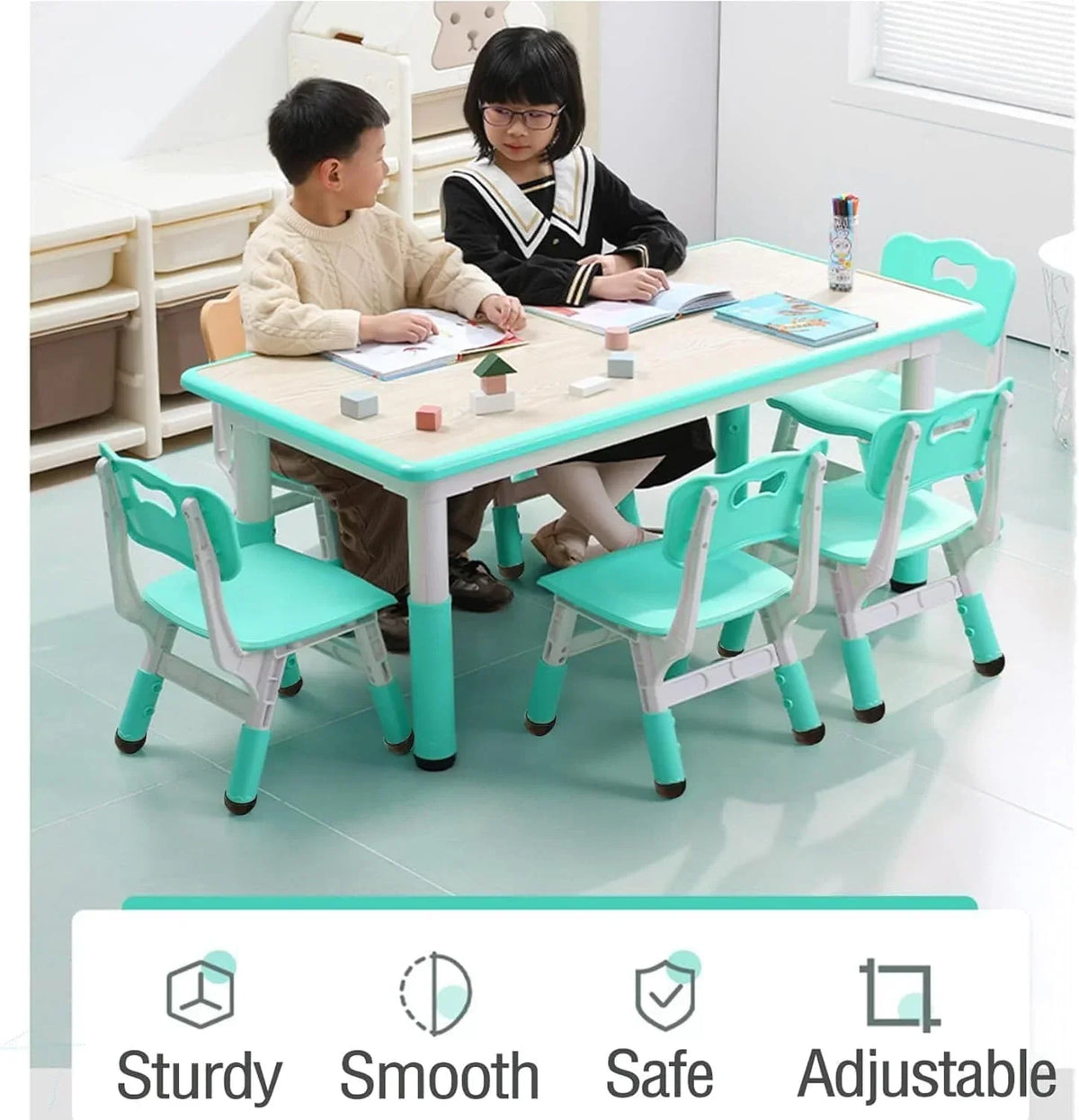 Nouveauté 2026 – Ensemble table et chaises pour enfants TROPOW , table réglable en hauteur pour tout-petits et 6 chaises, table multi-activités avec plateau à motifs graffiti et pieds antidérapants pour les enfants de 2 à 10 ans, idéale pour les gard