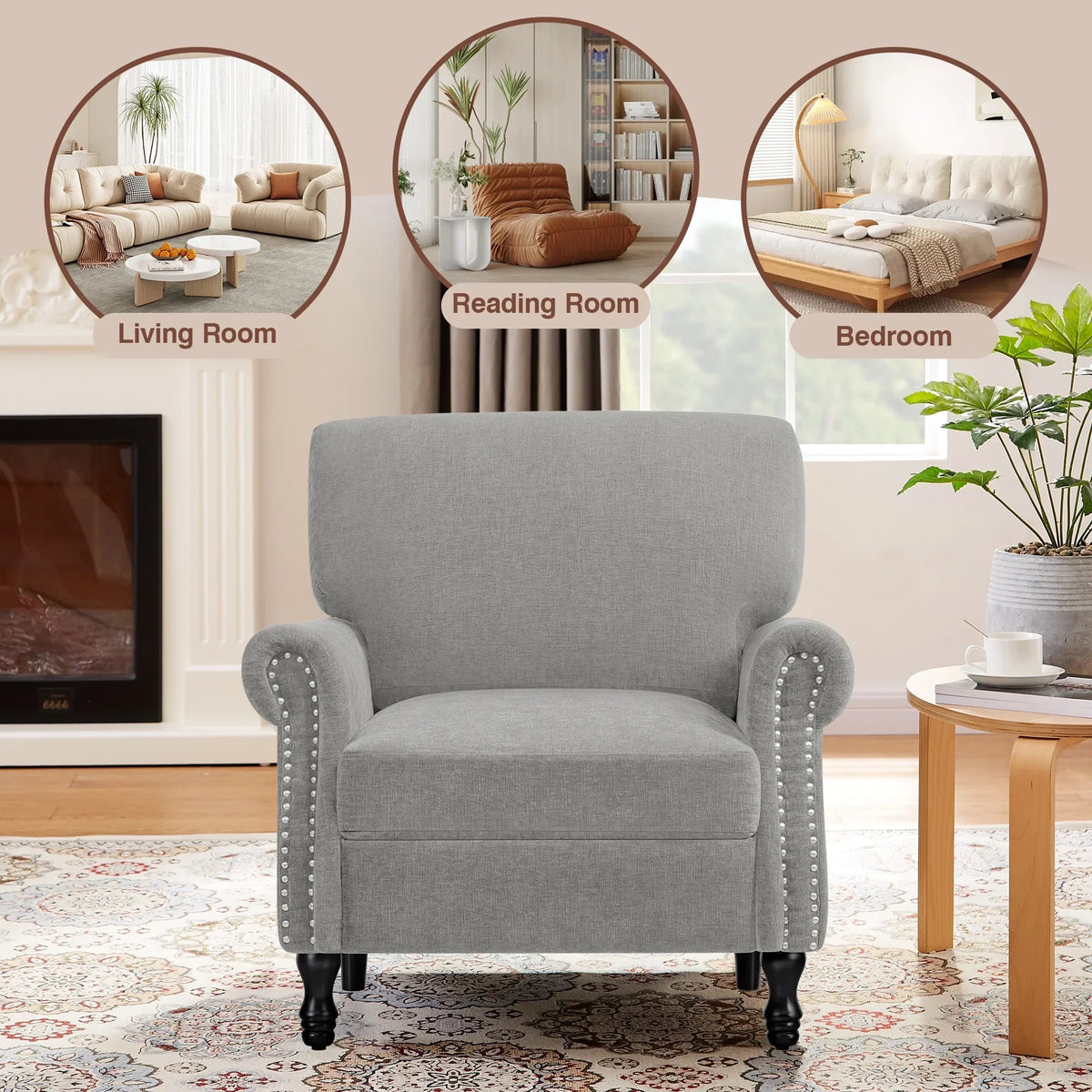 Nouveauté 2026 – Fauteuil d'appoint moderne COOLHUT , canapé une place confortable revêtu de tissu lin avec structure en bois massif, gris