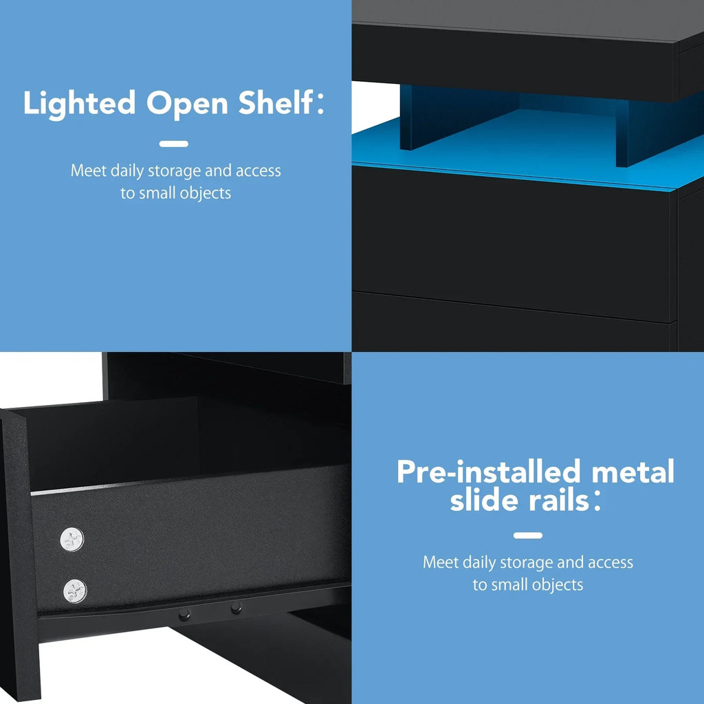 Nouveauté 2026 – Table de chevet LED Hommpa avec station de charge sans fil, ports USB Type-C, 3 tiroirs, finition laquée noire, style moderne et élégant, hauteur 68 cm (26,8 pouces). Idéale pour la chambre à coucher