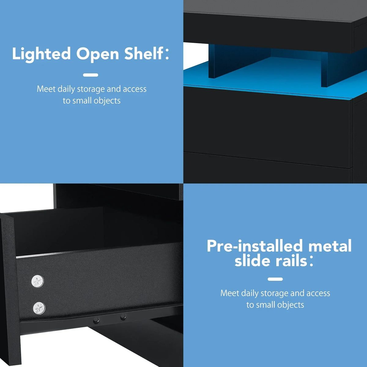 Nouveauté 2026 – Table de chevet LED Hommpa avec station de charge sans fil, ports USB Type-C, 3 tiroirs, finition laquée noire, style moderne et élégant, hauteur 68 cm (26,8 pouces). Idéale pour la chambre à coucher