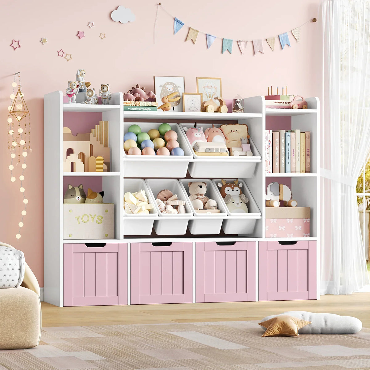 Nouveauté 2026 – Bibliothèque enfant Hiphuta à 3 niveaux avec rangement pour jouets, en bois, composée de 6 boîtes et 4 tiroirs amovibles, blanche