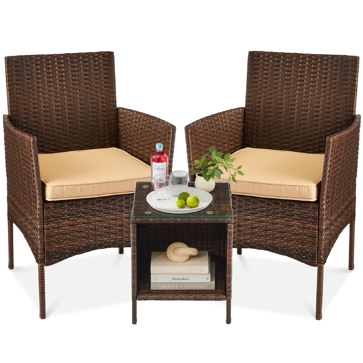 Nouveauté 2026 – Ensemble bistro de jardin 3 pièces en résine tressée Best Choice Products , avec 2 chaises et une table - Gris/Bleu marine