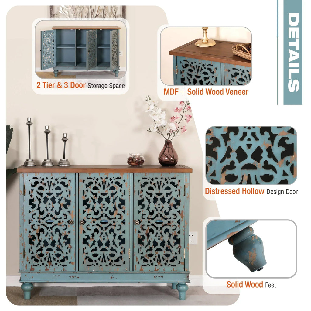 Nouveauté 2026 – Crédences et buffets sculptés creux Sophia & William , bois bleu, 2 étagères