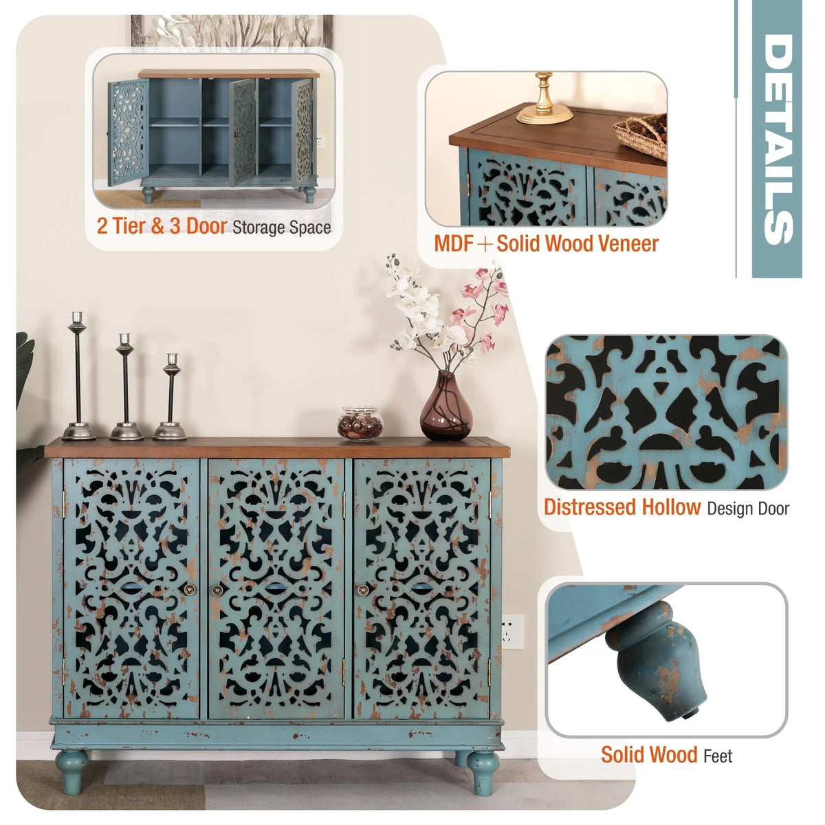 Nouveauté 2026 – Crédences et buffets sculptés creux Sophia & William , bois bleu, 2 étagères
