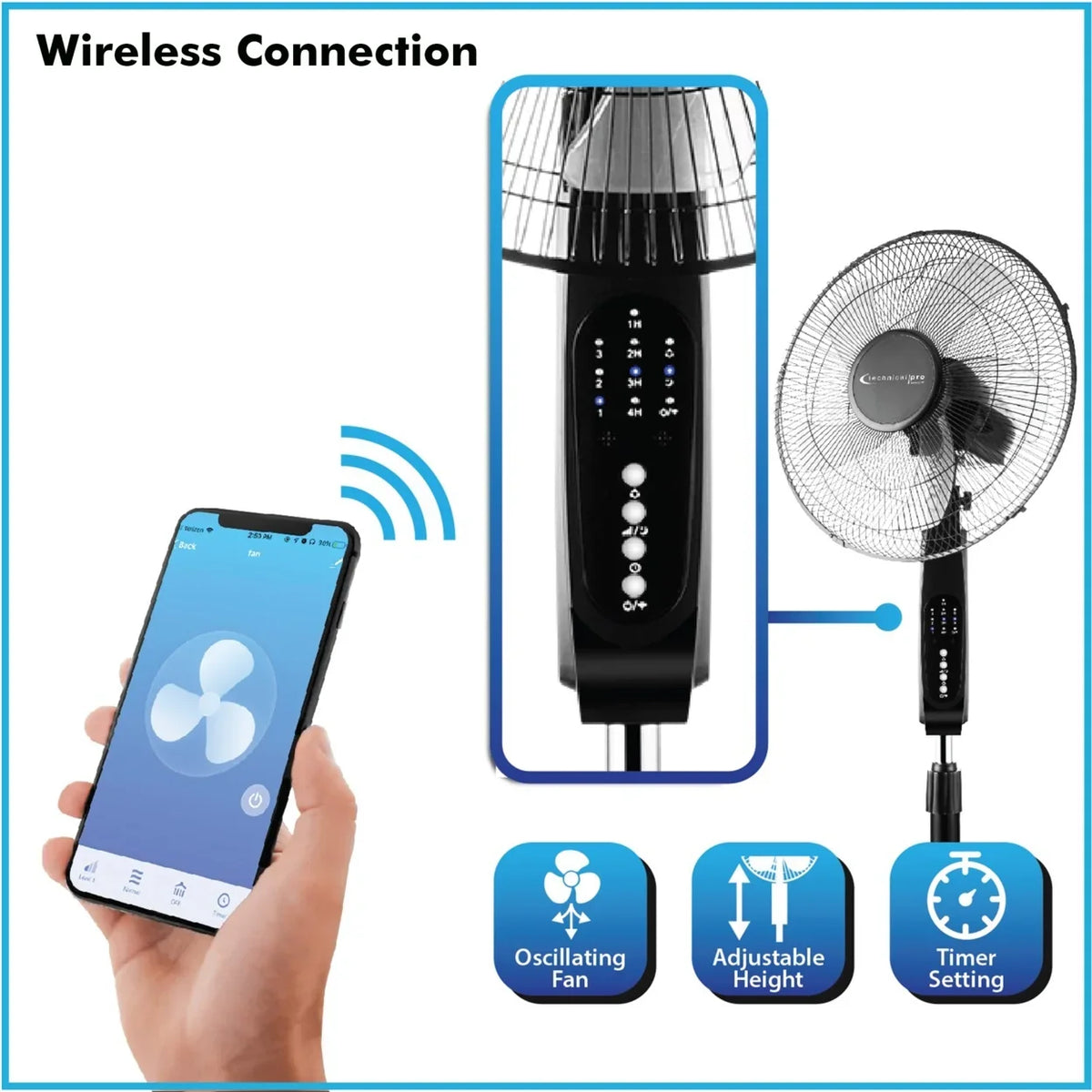 Nouveauté 2026 – Ventilateur sur pied oscillant Technical Pro Smart WiFi 16 pouces, 3 vitesses, noir