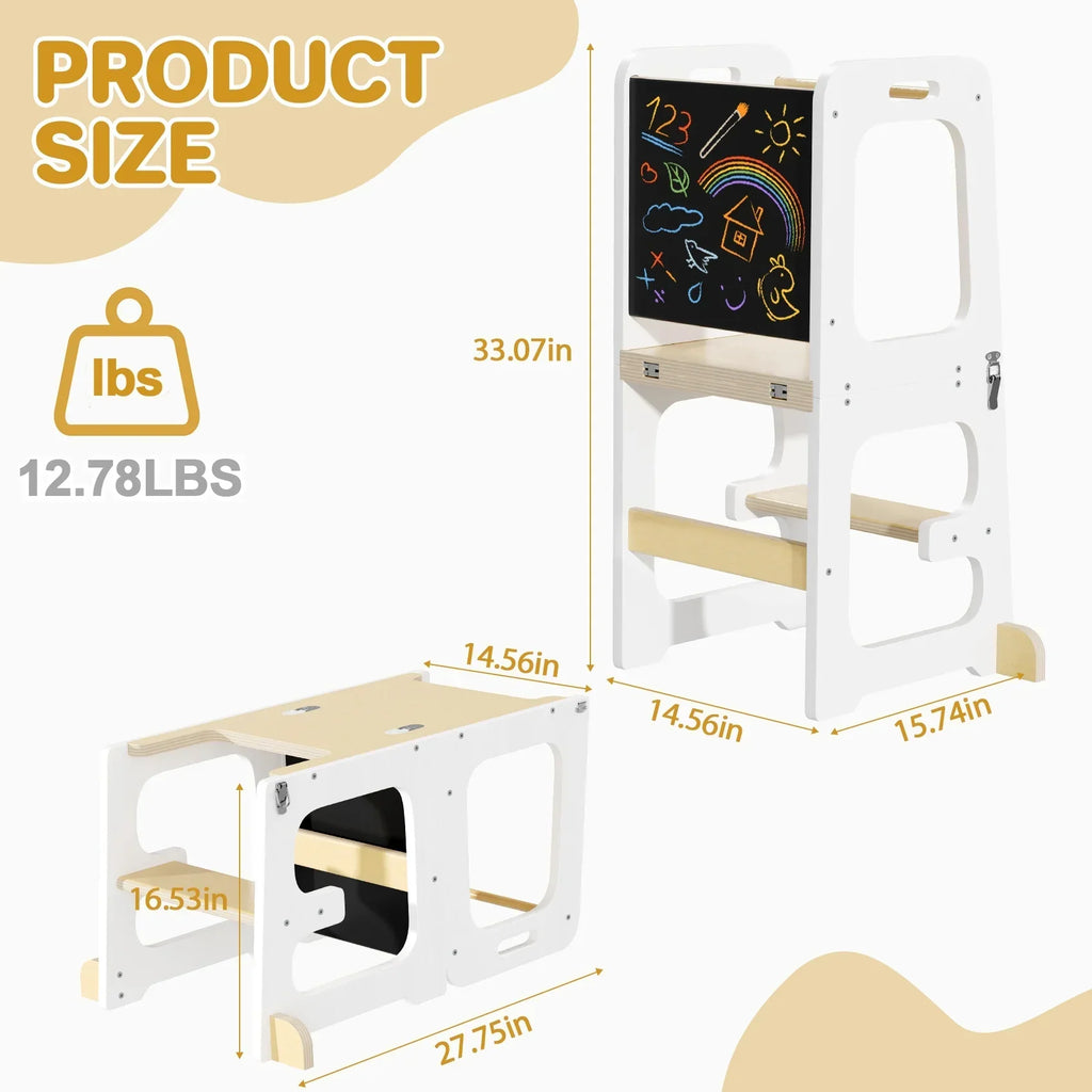 Nouveauté 2026 – Marchepied de cuisine JOZ pour tout-petits, tabouret d'apprentissage Montessori, tour pliable pour le comptoir, aide à la station debout pour les enfants, 3 hauteurs réglables, en bois, blanc