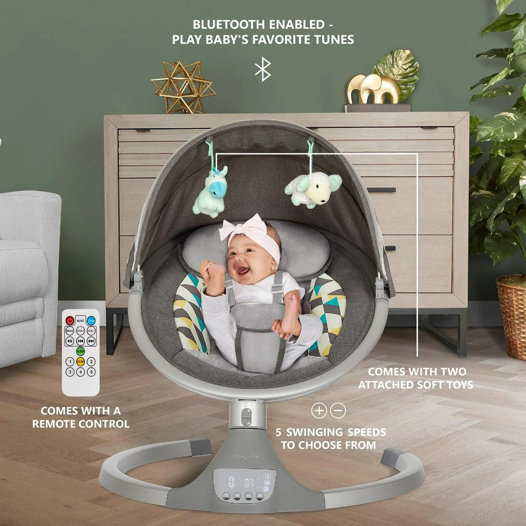 Nouveauté 2026 – Balancelle pour bébé Dream On Me Zazu . Balancelle pour nourrisson. 5 vitesses de balancement. Deux jouets intégrés. Connectivité Bluetooth et télécommande. Gris et bleu