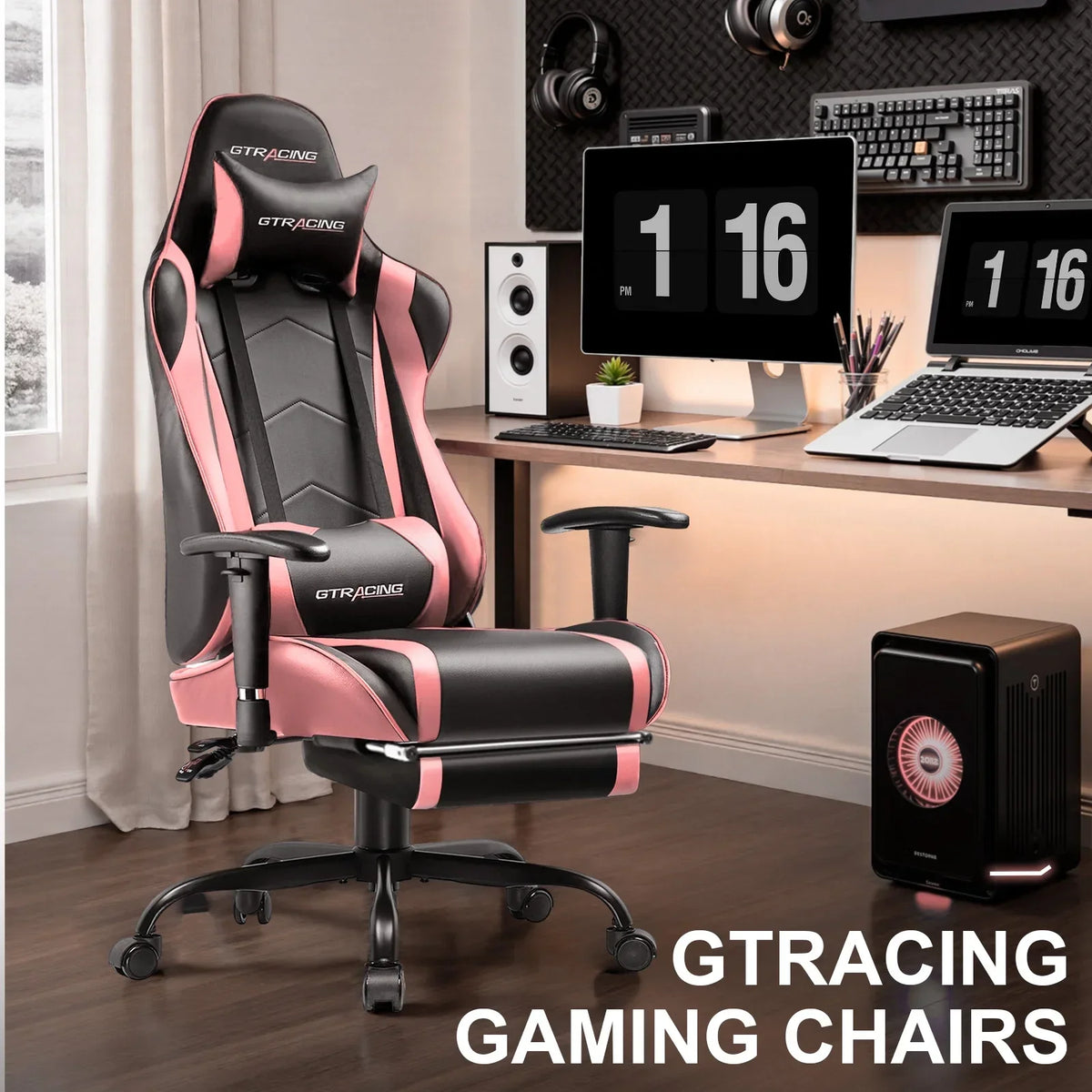 Nouveauté 2026 – Chaise de jeu GTRACING , chaise de bureau ergonomique avec soutien lombaire, revêtement en cuir PU, repose-pieds et appui-tête réglable, rouge