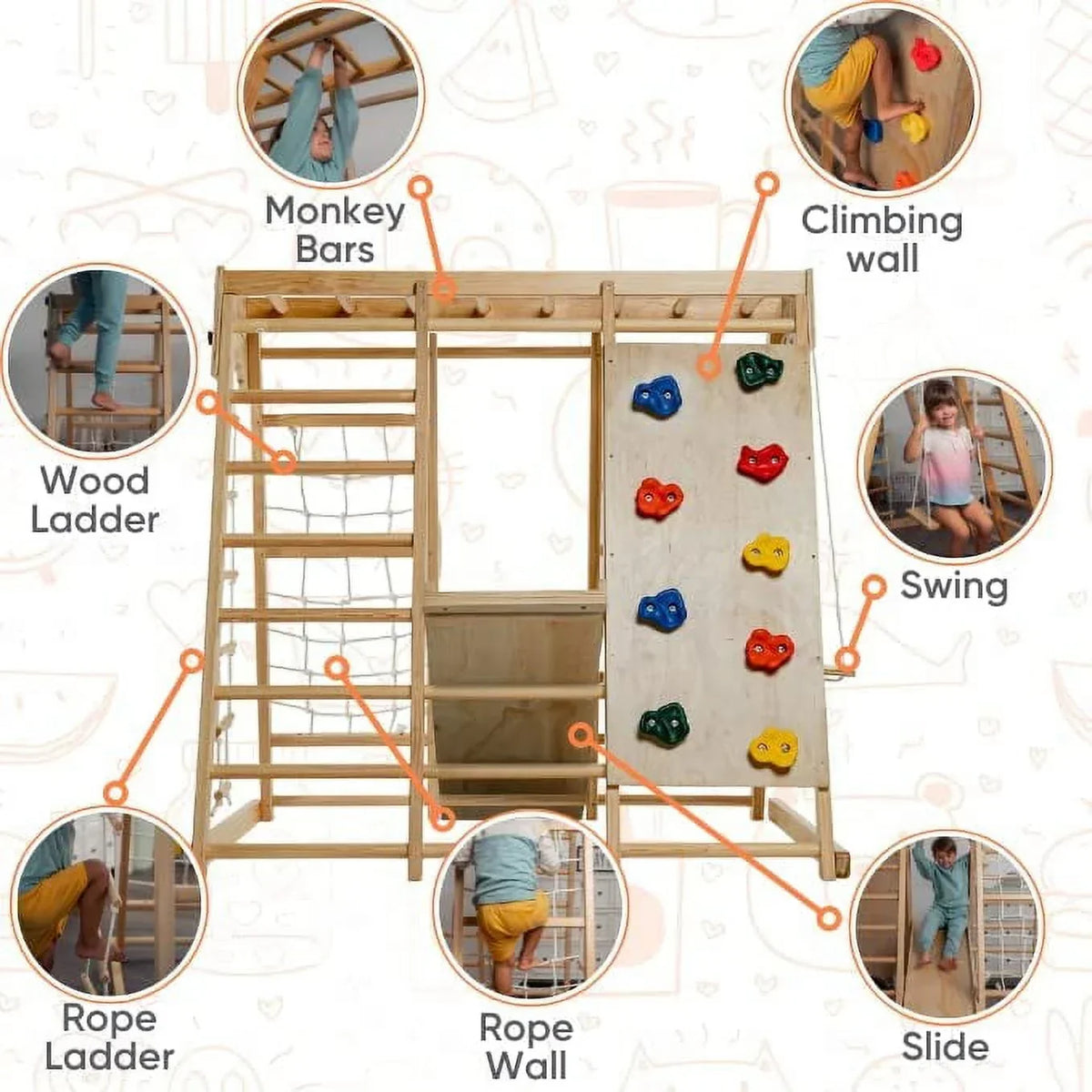 Nouveauté 2026 – Avenlur Aire de jeux intérieure pour tout-petits et enfants - Structure en bois véritable 6 en 1 avec toboggan, mur d'escalade, corde à grimper, barres de singe, balançoire et échelle. Un espace de jeux amusant pour les enfants