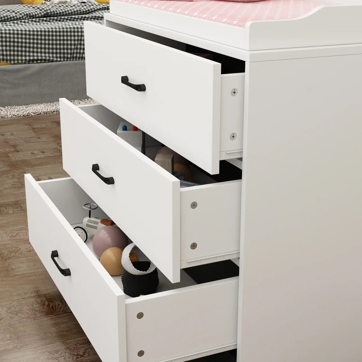 Nouveauté 2026 – Table à langer/commode pour chambre de bébé OXYLIFE , 114 cm (45 po), avec 4 tiroirs et une étagère, blanche