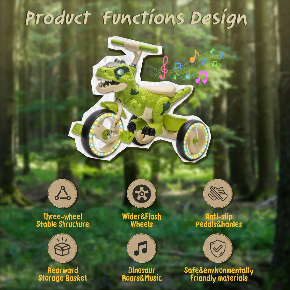 Nouveauté 2026 – Tricycle dinosaure Xuanlur pour enfants , avec larges roues lumineuses, pédales antidérapantes, panier arrière, musique et lumières LED, jouet idéal pour les enfants de 3 à 6 ans (vert
